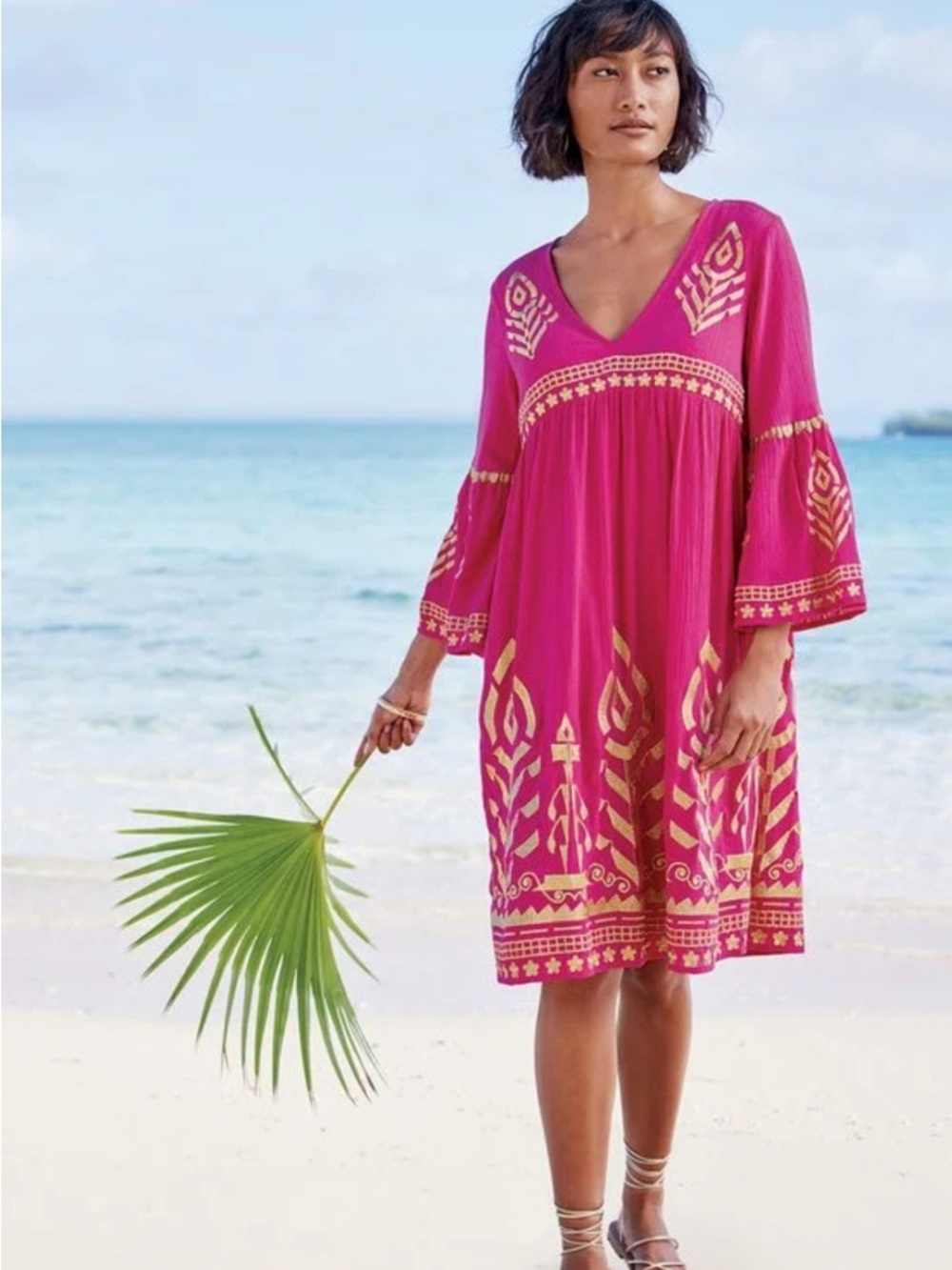 Embroidered V-Neck Fuchsia Beach